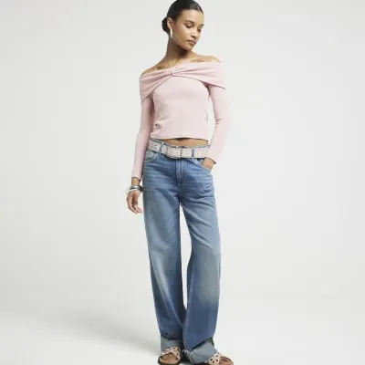 Pink ribbed knot bardot top sold by River Island