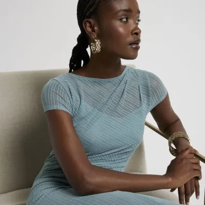 Blue Mesh Stripe Bodycon Midi Dress sold by River Island
