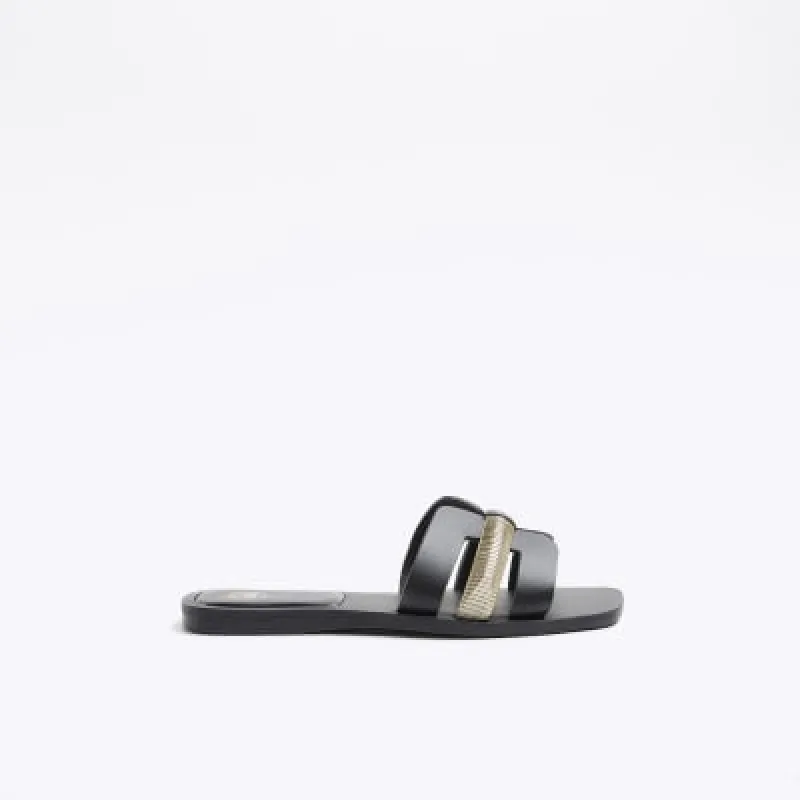 Black wide fit leather flat sandals sold by River Island
