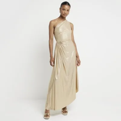 Gold ruched side asymmetric swing midi dress sold by River Island