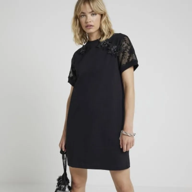 Black flower lace sleeve t-shirt mini dress sold by River Island
