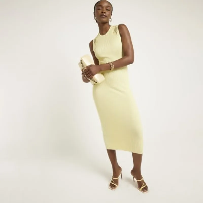 Yellow ribbed broderie bodycon midi dress sold by River Island