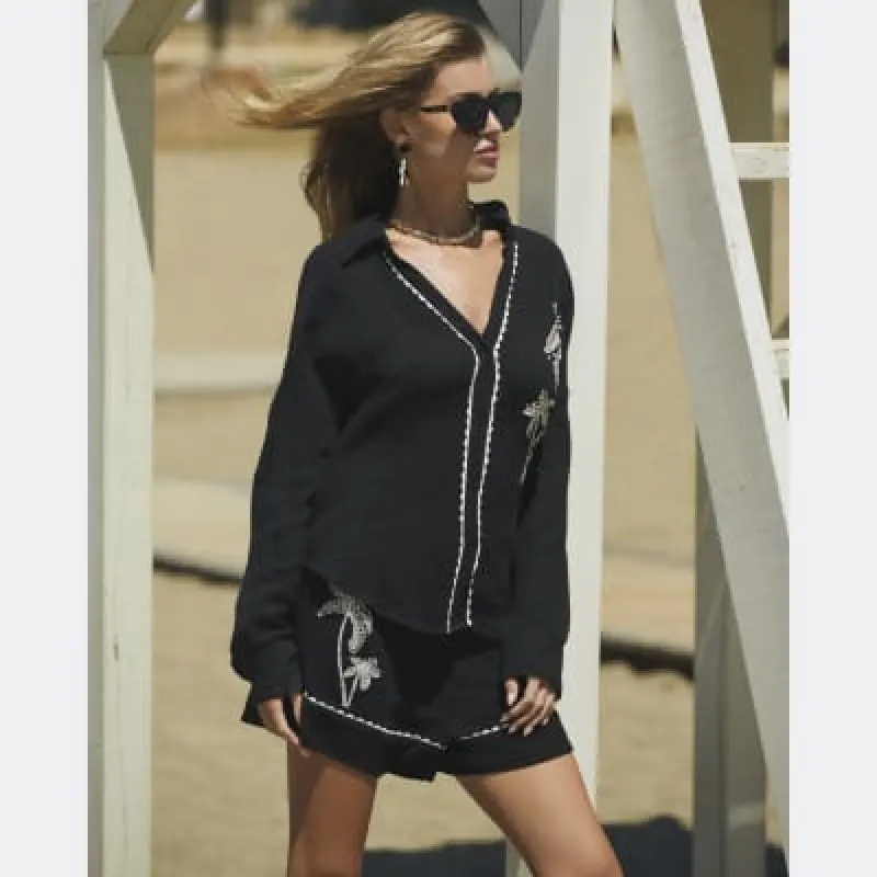 Black embroidered palm tree shirt sold by River Island