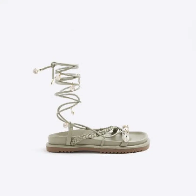 Green shell detail lace up sandals made by River Island