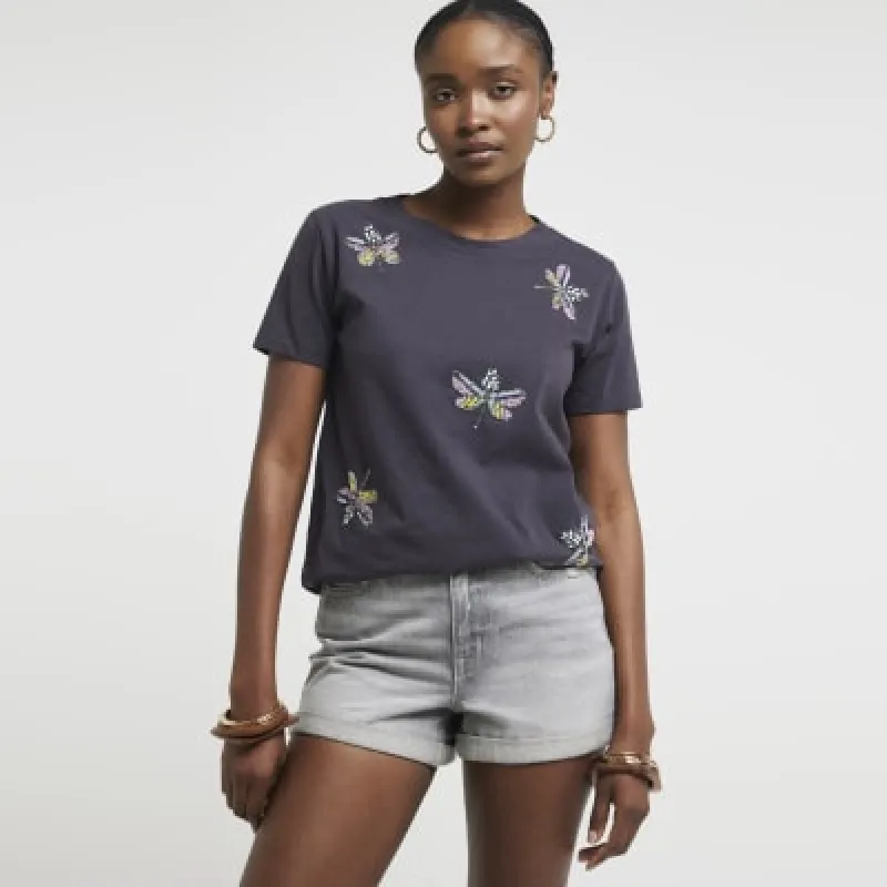 Black dragon fly embroidered t-shirt sold by River Island