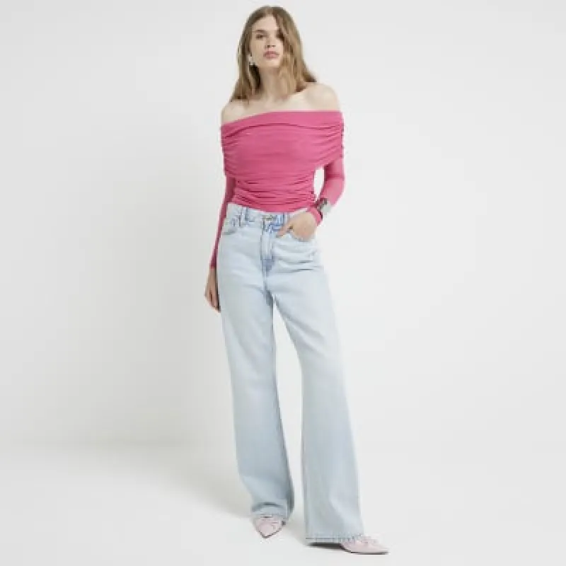 Pink mesh bardot long sleeve top sold by River Island