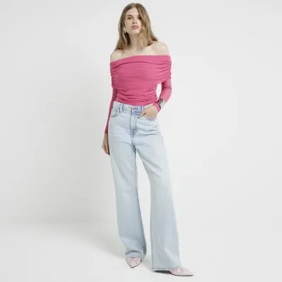 Pink mesh bardot long sleeve top sold by River Island