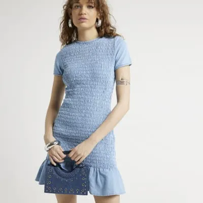 Blue shirred t-shirt mini dress sold by River Island