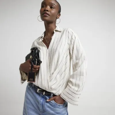 Beige linen blend stripe wrap shirt sold by River Island