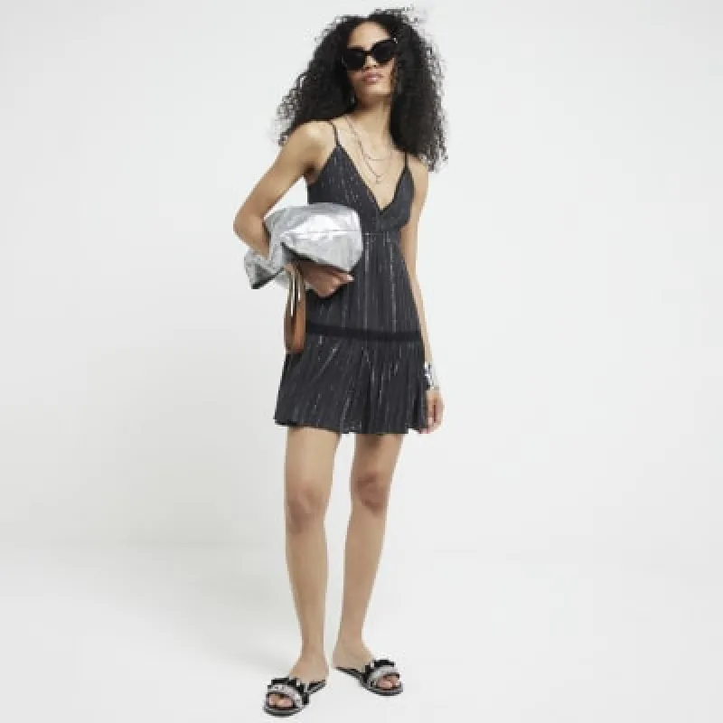 Black shirred metallic beach mini dress sold by River Island