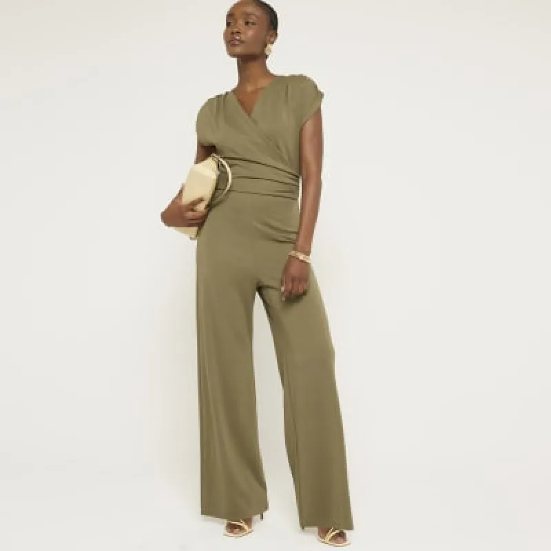 Khaki wrap wide leg jumpsuit sold by River Island