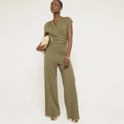 Khaki wrap wide leg jumpsuit sold by River Island