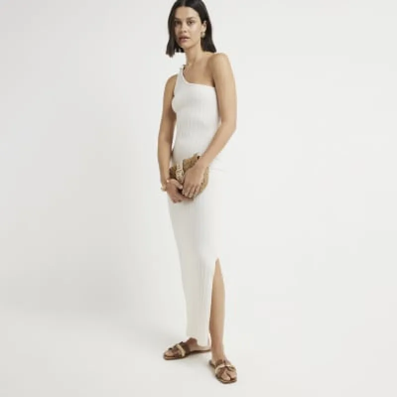 Cream knit one shoulder bodycon maxi dress sold by River Island