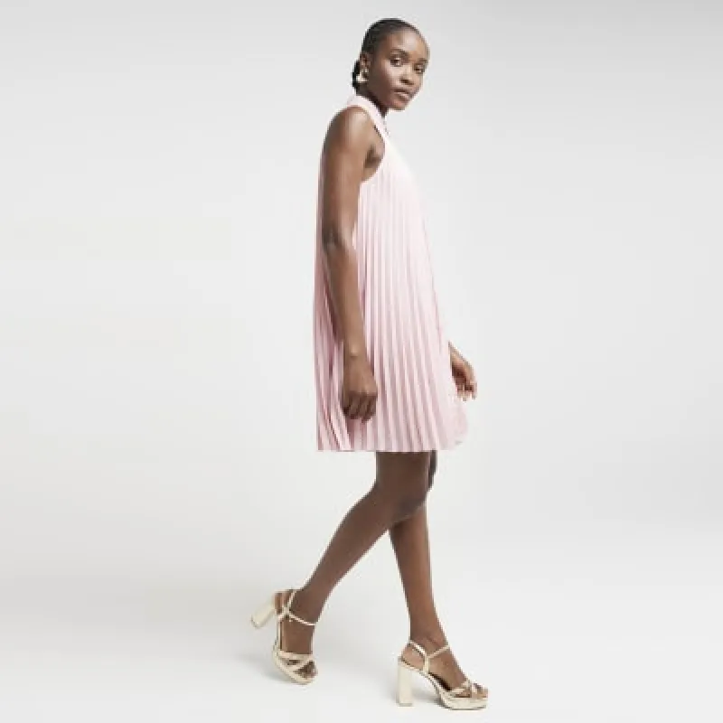 Pink plisse sleeveless mini shirt dress sold by River Island