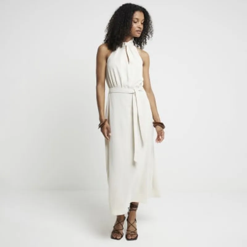 Cream belted halter neck bodycon midi dress sold by River Island