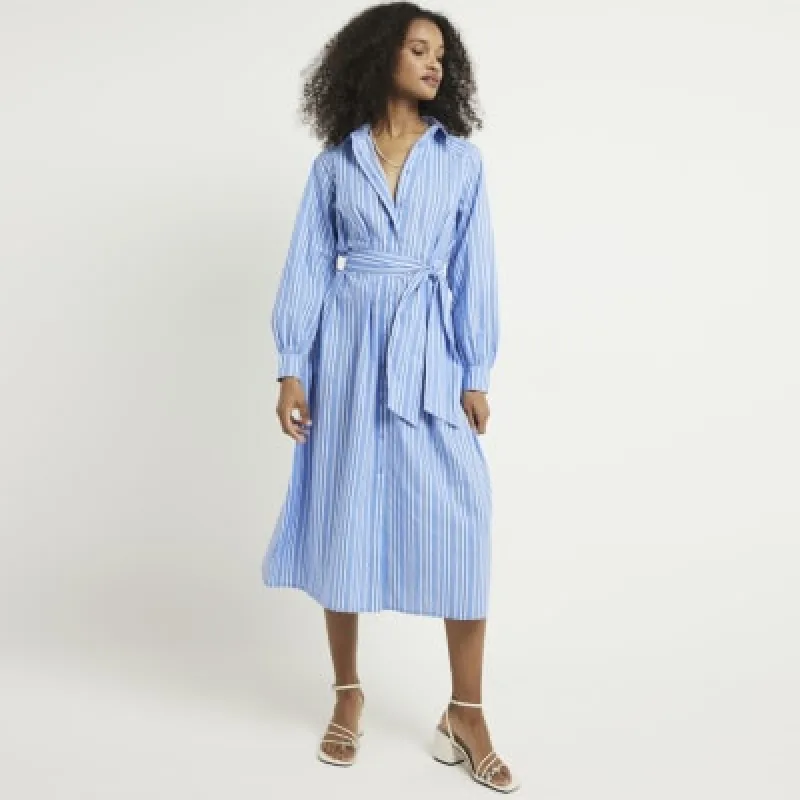 Blue balloon stripe midi shirt dress sold by River Island