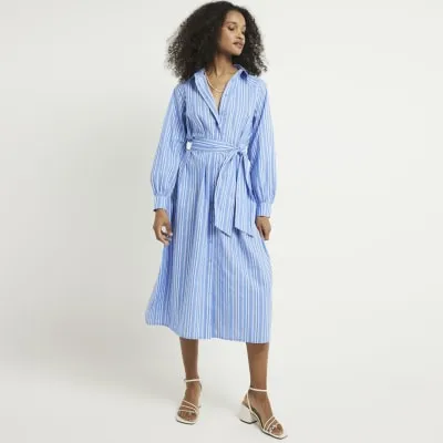 Blue balloon stripe midi shirt dress sold by River Island