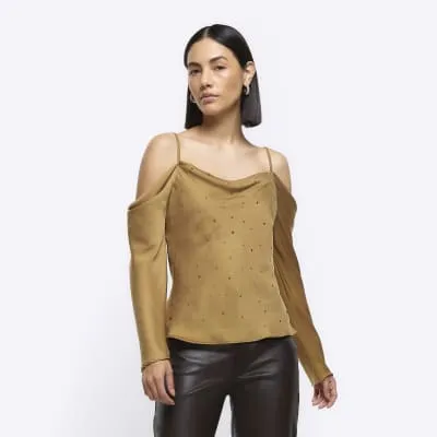 Khaki diamante cold shoulder top sold by River Island