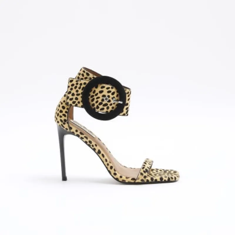 Brown leather buckle strap heeled sandals sold by River Island