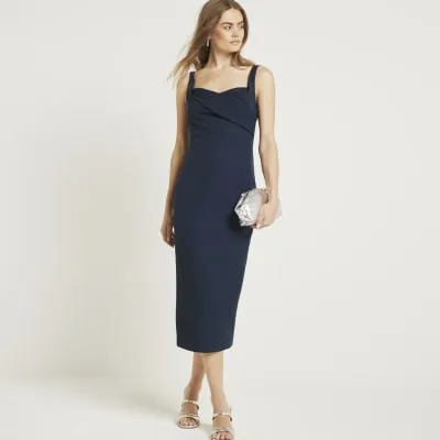 Navy ruched open back bodycon midi dress sold by River Island