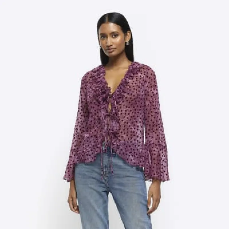 Purple paisley frill tie up blouse sold by River Island