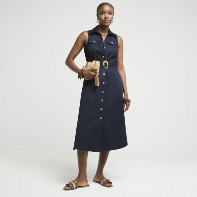 Navy Belted Sleeveless Midi Shirt Dress sold by River Island