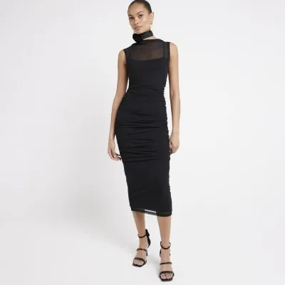 Black mesh ruched bodycon midi dress sold by River Island