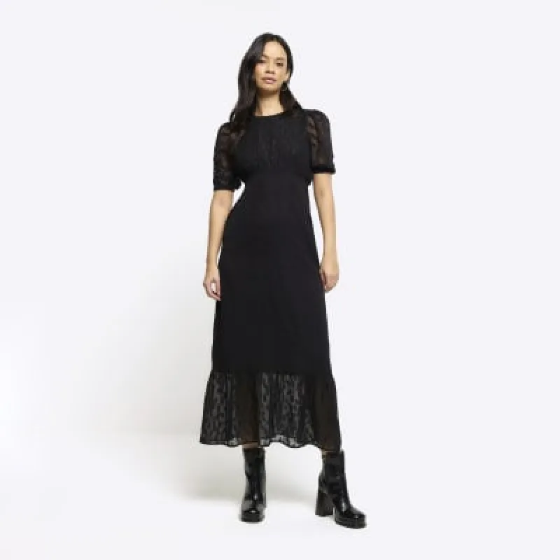 Black satin textured skater midi dress sold by River Island