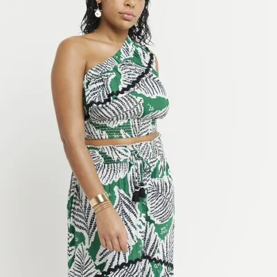 Green One Shoulder Leaf Print Crop Top sold by River Island