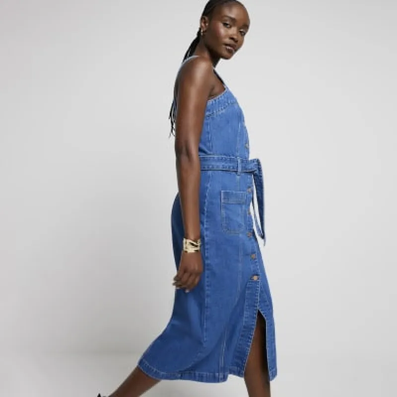 Blue denim belted bodycon midi dress sold by River Island