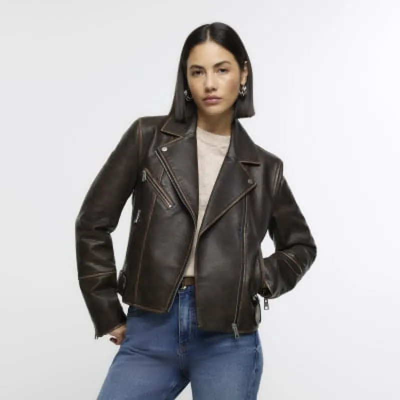 Brown faux leather distressed biker jacket sold by River Island