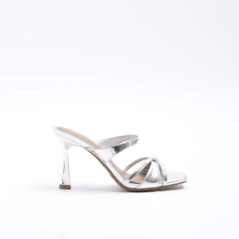 Silver wide fit crossed heeled mule sandals sold by River Island