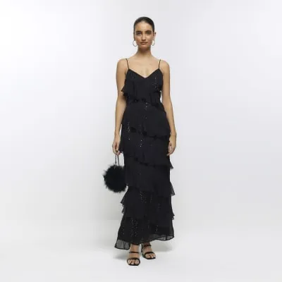 Black frill diamante slip maxi dress sold by River Island