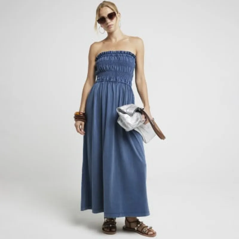 Blue shirred bandeau midi dress sold by River Island