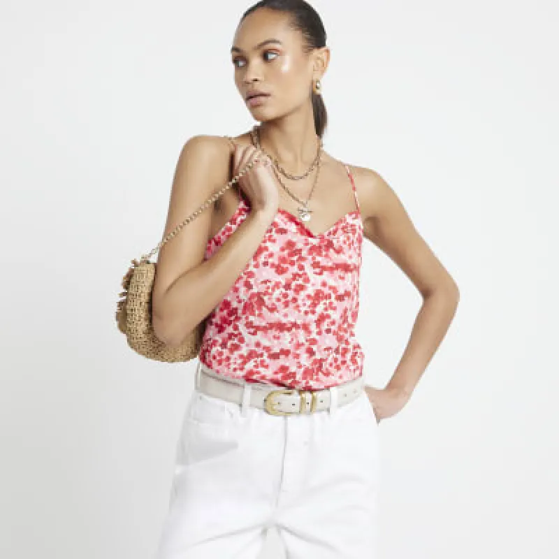 Red floral cowl neck cami top sold by River Island
