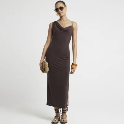 Brown asymmetric cowl neck bodycon midi dress sold by River Island