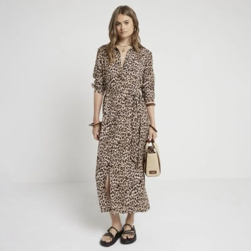 Beige leopard print belted midi shirt dress sold by River Island