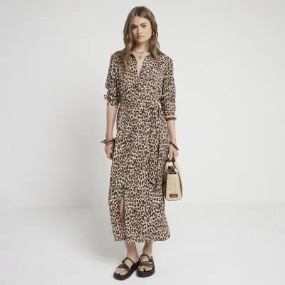 Beige leopard print belted midi shirt dress sold by River Island