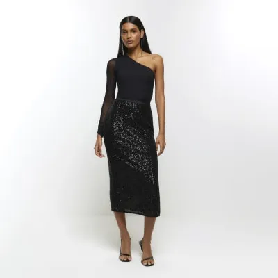 Black sequin midi skirt sold by River Island