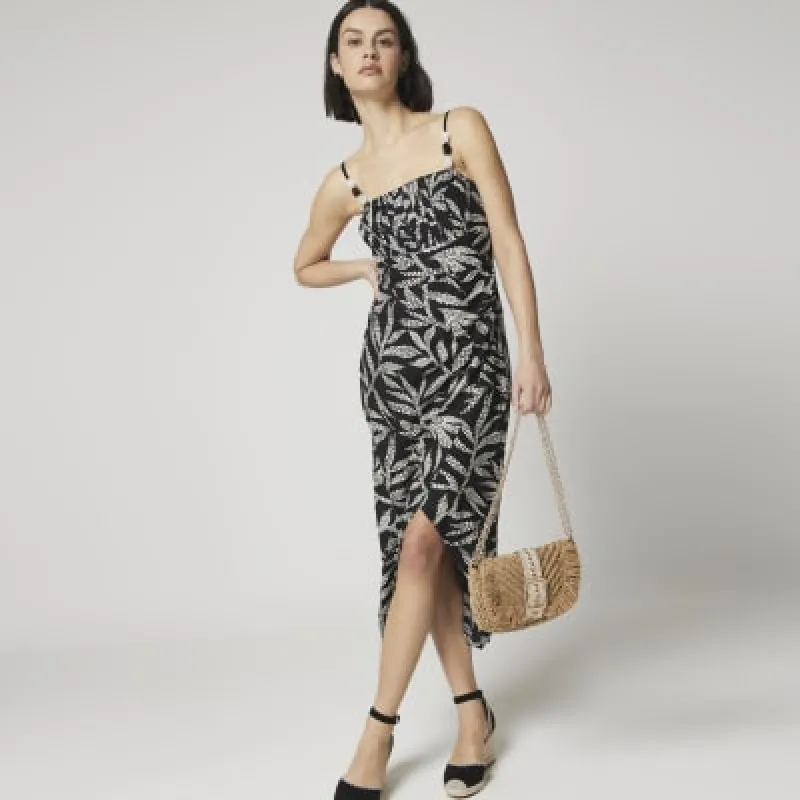 Black linen blend beaded slip midi dress made by River Island