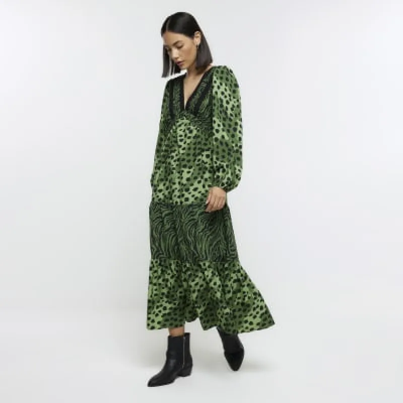Green animal print swing midi dress sold by River Island