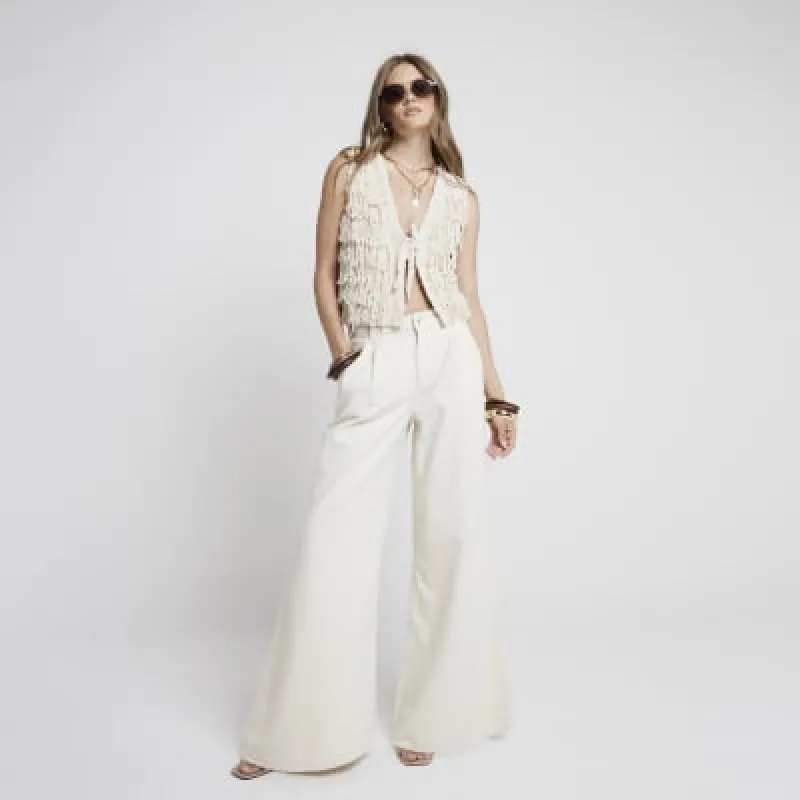 Beige Mid Rise Tailored Wide Fit Jeans sold by River Island