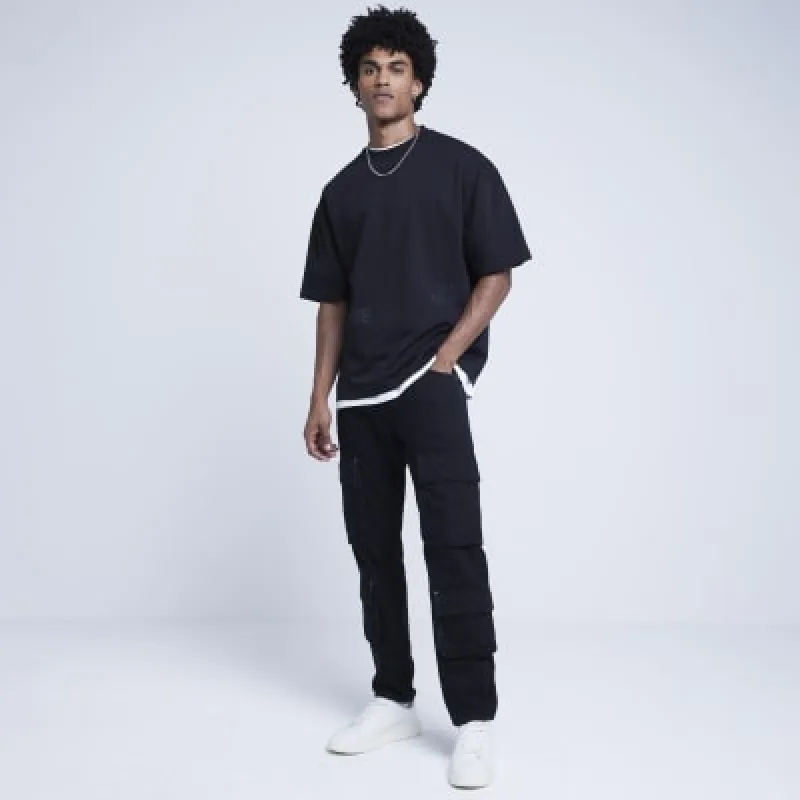 Black oversized fit graphic script t-shirt sold by River Island