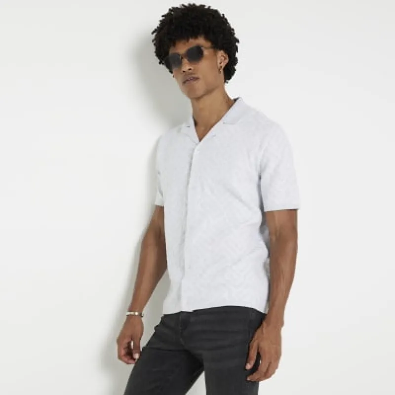 Grey regular fit knit geometric shirt sold by River Island