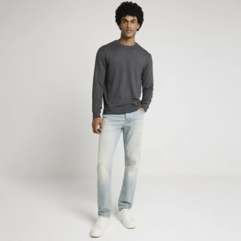 Grey slim fit knit crew neck jumper sold by River Island