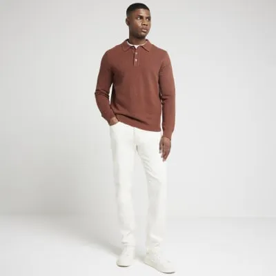 Brown slim fit waffle knit polo shirt sold by River Island