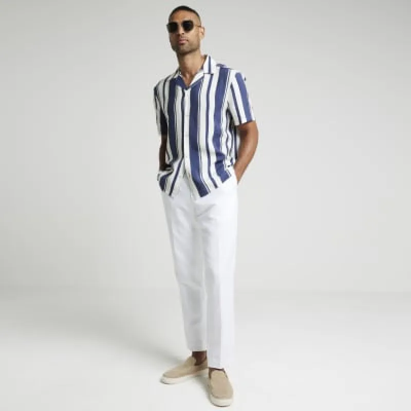 Navy regular fit stripe revere shirt sold by River Island