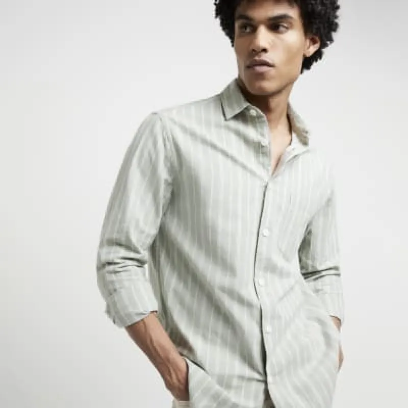 Green regular fit linen blend stripe shirt sold by River Island