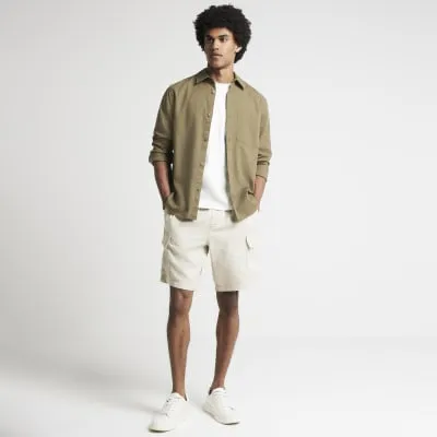 Beige regular fit linen blend cargo shorts sold by River Island