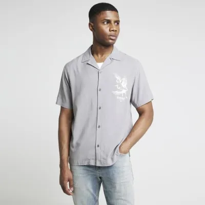 Grey regular fit crane graphic revere shirt sold by River Island